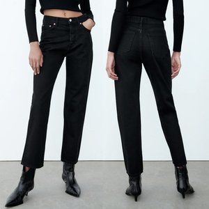 NEW Zara High Rise Straight Leg Ankle Length 100% Cotton Denim Jeans Black 4!